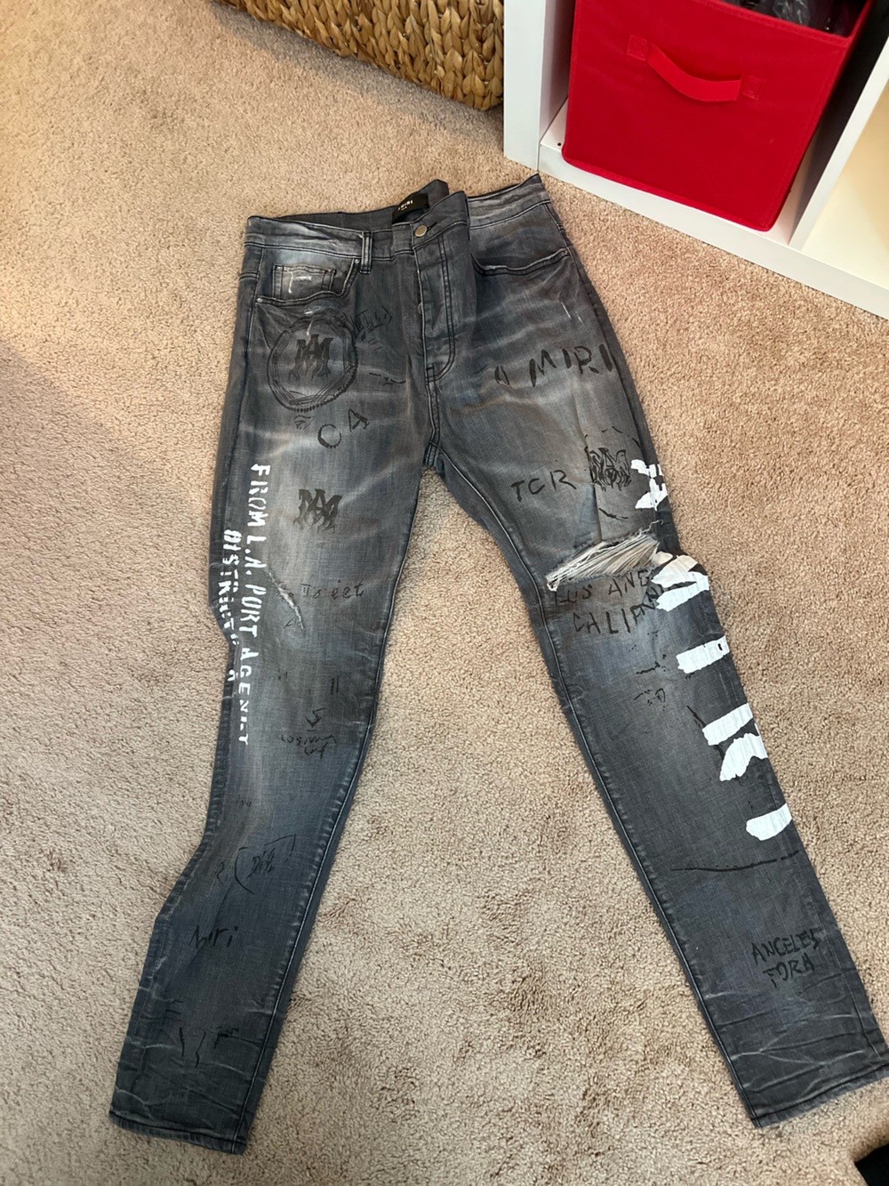 Men's Skinny Distressed Gray Jeans with White Graphic Accents